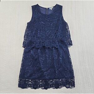 J Gee Tiered Eyelet Lace Dress Women’s XL‎ Navy Blue Sleeveless Lined EUC VTG